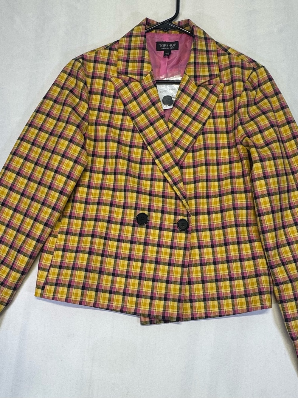 Topshop Pink and Yellow Plaid Double-Breasted Blazer - Picture 5 of 7